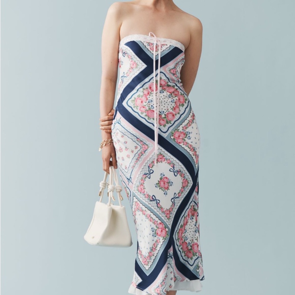 Strapless Pink & Navy Floral Midi Dress